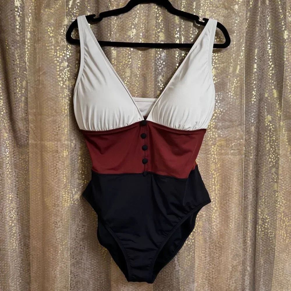 Bleu Rod Beattie Colorblock Button Front One Piece Swimsuit 14 NWT